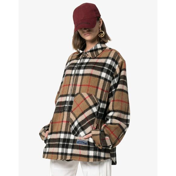 We11done Oversized Half-Zip Front Check British Wool Shirt Jacket Camel One Size - Picture 2 of 16